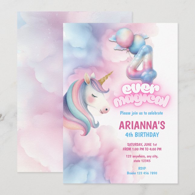 Invitation d'anniversaire Licorne Arc-en-ciel Past (Devant / Derrière)
