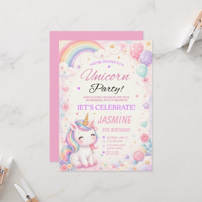 Invitation d'anniversaire Licorne Arc-en-ciel Past (Devant/Arrière en situation)