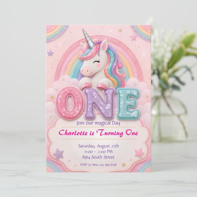 Invitation d'anniversaire Licorne Arc-en-ciel Past (Debout devant)