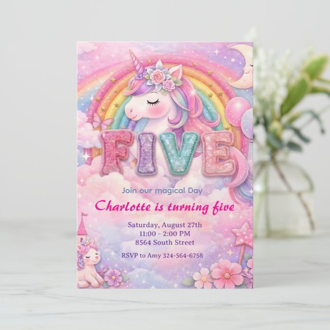 Invitation d'anniversaire Licorne Arc-en-ciel Past (Debout devant)
