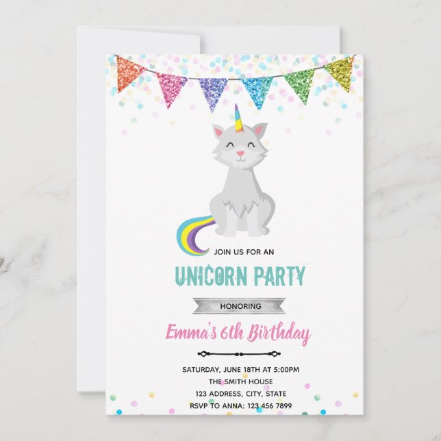 Invitation d'anniversaire licorne chat (Devant)