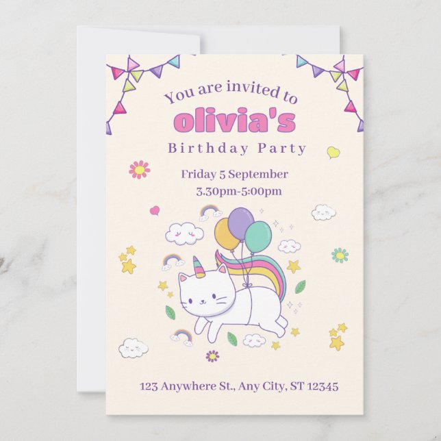 Invitation d'anniversaire licorne chat arc-en-ciel (Devant)