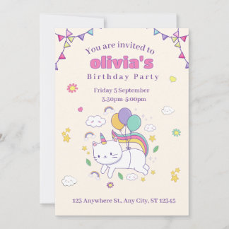 Invitation d'anniversaire licorne chat arc-en-ciel