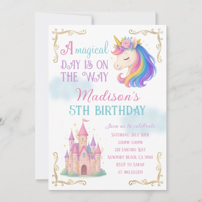 Invitation d'anniversaire Licorne et Château (Devant)