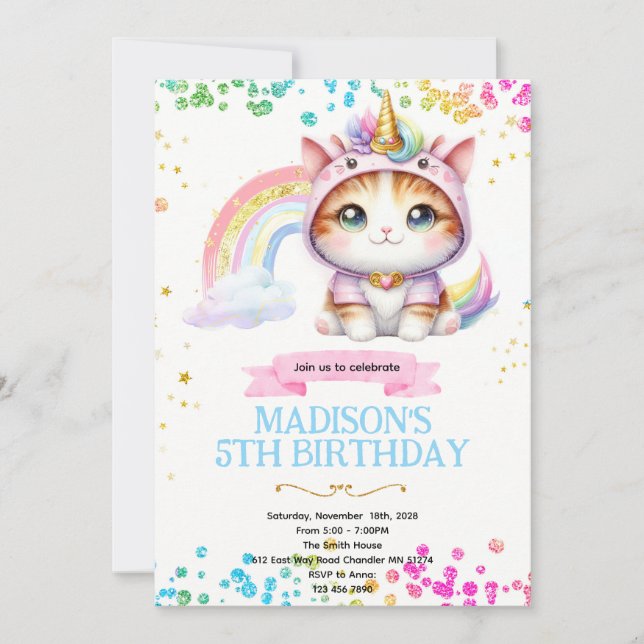 Invitation d'anniversaire Licorne féline arc-en-ci (Devant)