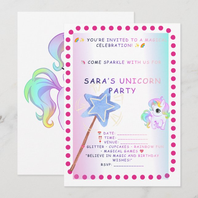 Invitation d'anniversaire Licorne – Fête Magique A (Devant / Derrière)