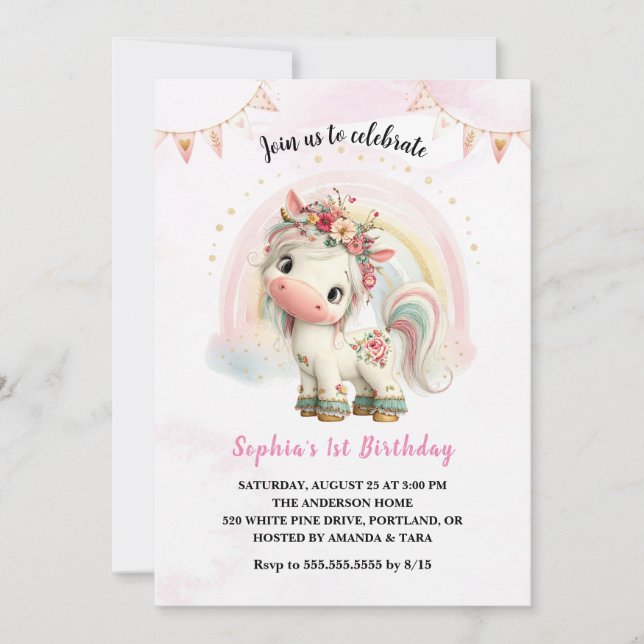Invitation d'anniversaire licorne florale aquarell (Devant)