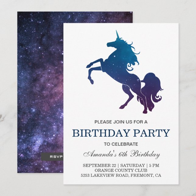 Invitation d'anniversaire Licorne Galaxie Espace (Devant / Derrière)