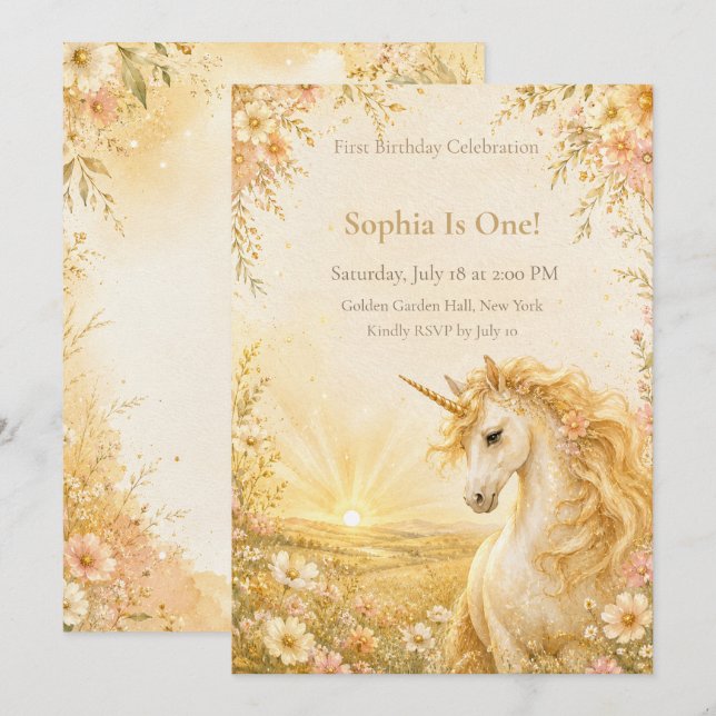 Invitation d'anniversaire Licorne Golden Sunshine  (Devant / Derrière)