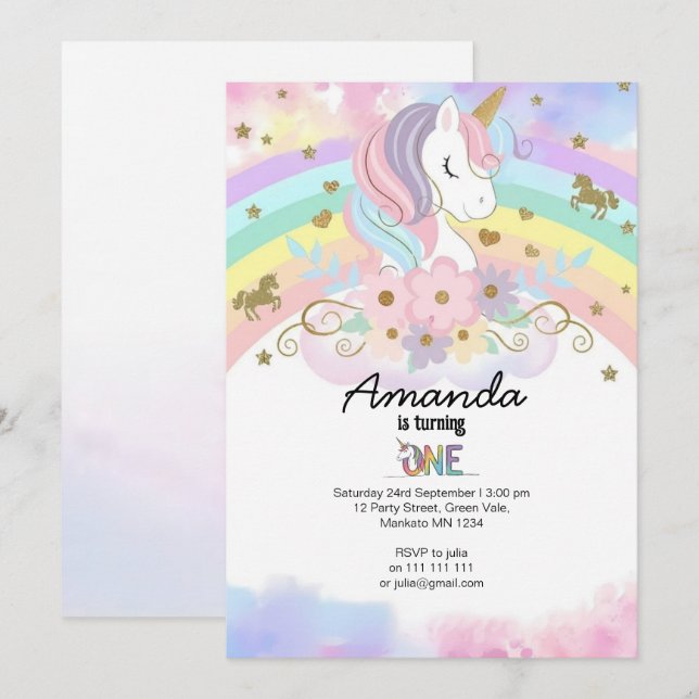 Invitation d'anniversaire Licorne Magique Arc-en-c (Devant / Derrière)