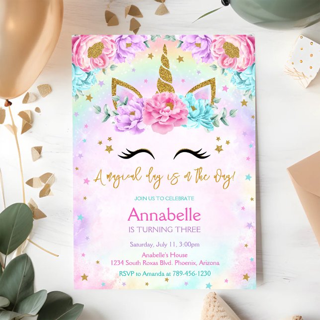 Invitation d'anniversaire Licorne Magique Jour Arc (Créateur téléchargé)