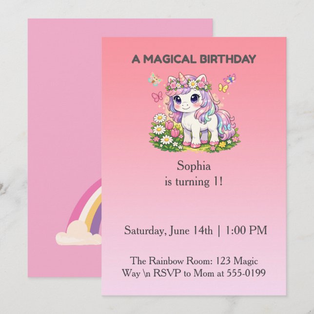 Invitation d'anniversaire Licorne Magique Pastel O (Devant / Derrière)