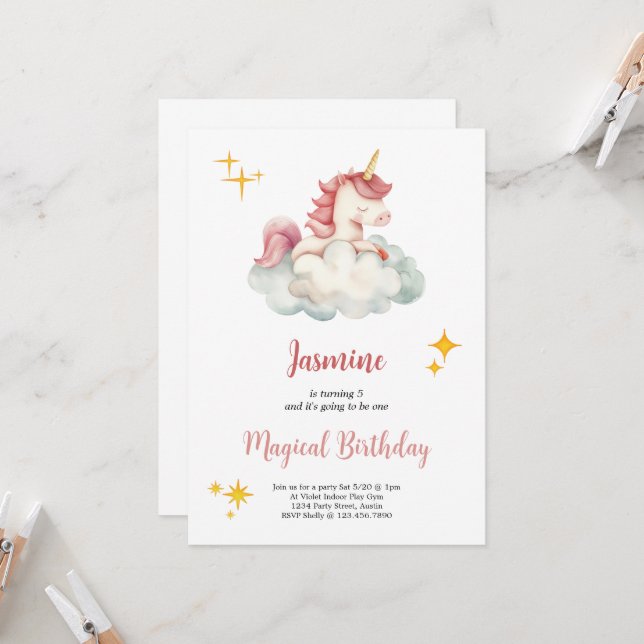 invitation d'anniversaire licorne merveilleuse (Devant/Arrière en situation)