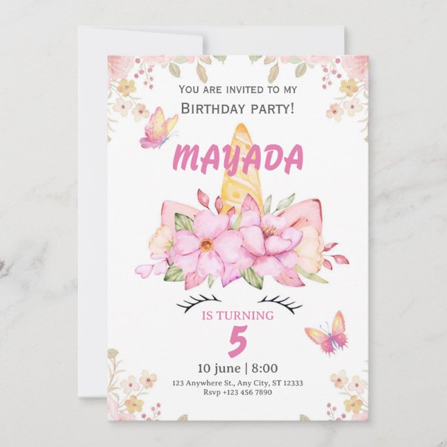Invitation d'anniversaire Licorne pour Filles  (Devant)