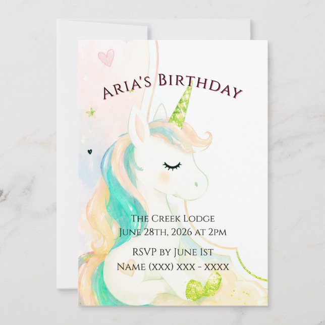 Invitation d'anniversaire licorne pour filles mign (Devant)