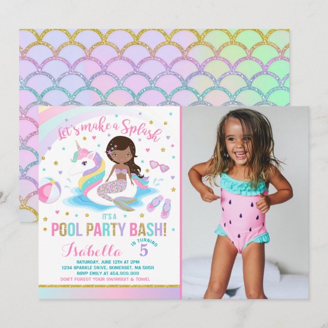 Invitation d'anniversaire Licorne & Sirène Fête Pi (Devant / Derrière)