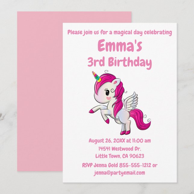 Invitation d'anniversaire Licorne - Super Mignon e (Devant / Derrière)