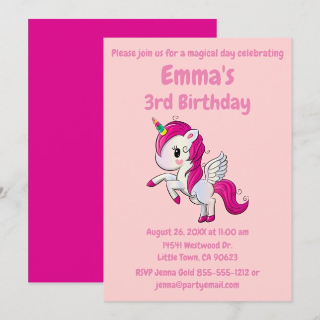 Invitation d'anniversaire Licorne - Super Mignon R (Devant / Derrière)