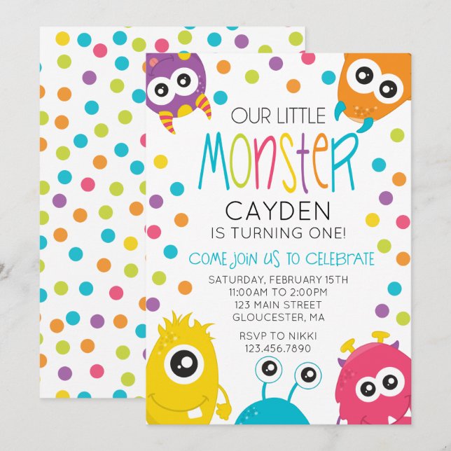 Invitation d'anniversaire Little Monster à pois (Devant / Derrière)