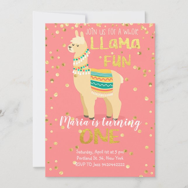 Invitation d'anniversaire Llama Fun Gold et rose (Devant)