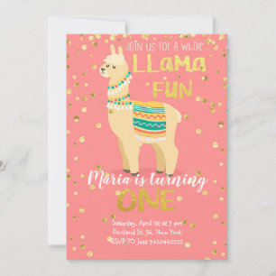 Invitation d'anniversaire Llama Fun Gold et rose