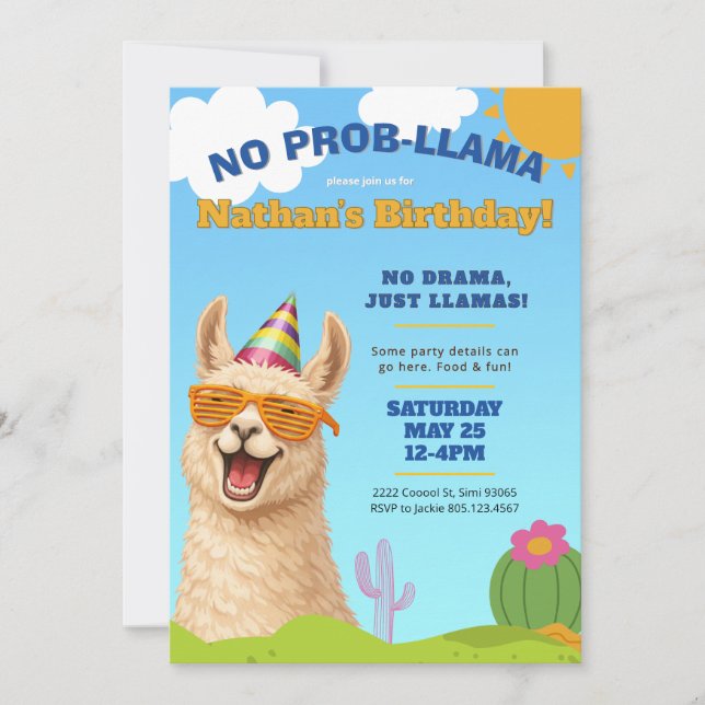 Invitation d'anniversaire Llama, Pas de prob-Llama (Devant)