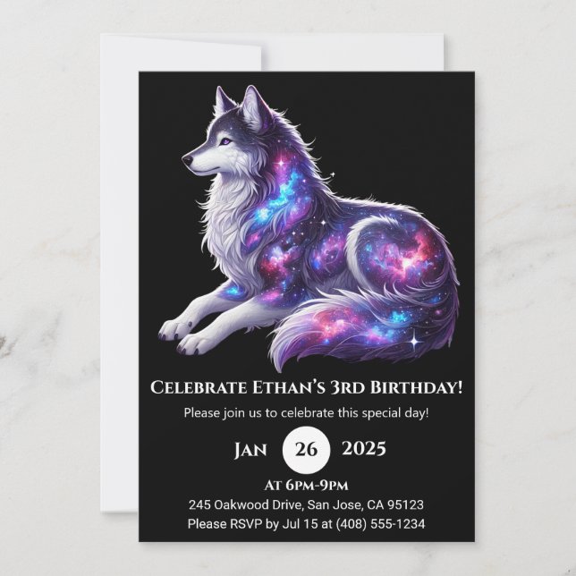 Invitation d'anniversaire Loup céleste au repos (Devant)