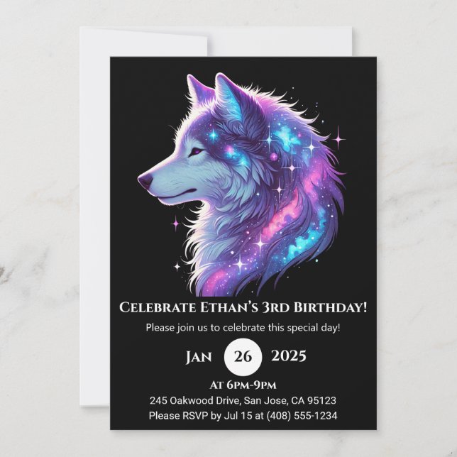 Invitation d'anniversaire Loup Galactic Glow (Devant)