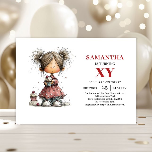 Invitation d'anniversaire ludique pour une petite  (Funky Cute Little Girl Playful Birthday Invitation)