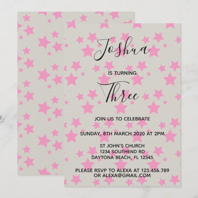Invitation d'anniversaire Magic Star Grey Pink (Devant / Derrière)