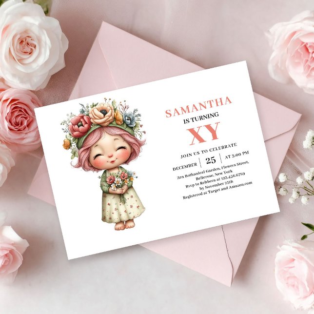 Invitation d'anniversaire Magique Fille Fée Mignon (Cute Fairy Girl Birthday Magical Pink Blush invitation)