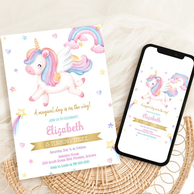 Invitation d'anniversaire magique licorne arc-en-c (Créateur téléchargé)
