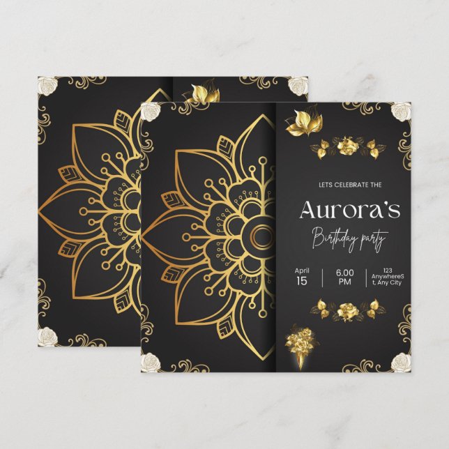 Invitation d'anniversaire Mandala Or Luxe & Fleurs (Devant / Derrière)