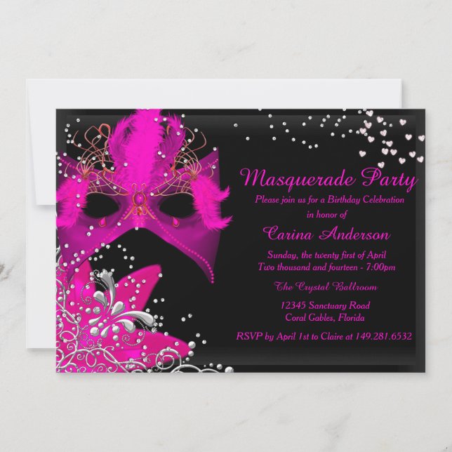 Invitation d'anniversaire Mascarade Pink Sparkle (Devant)