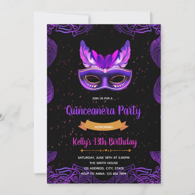 Invitation d'anniversaire masque de Quinceañera (Devant)