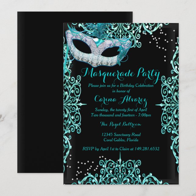 Invitation d'anniversaire Masquerade en Damassé Bl (Devant / Derrière)