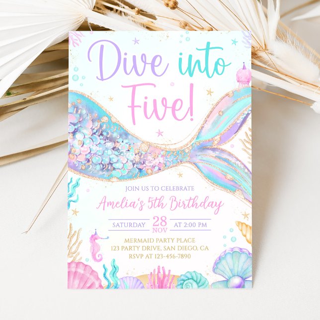 Invitation d'anniversaire Mermaid Dive Into Five 5 (Créateur téléchargé)