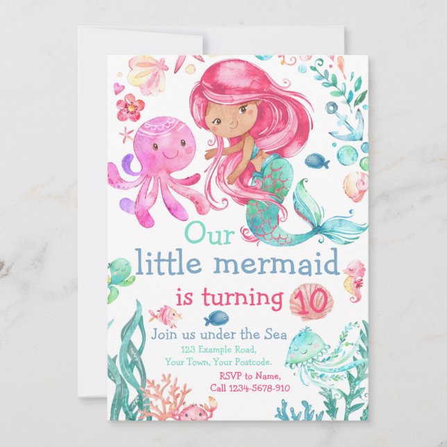 Invitation d'anniversaire Mermaid modifiable, Invi (Devant)