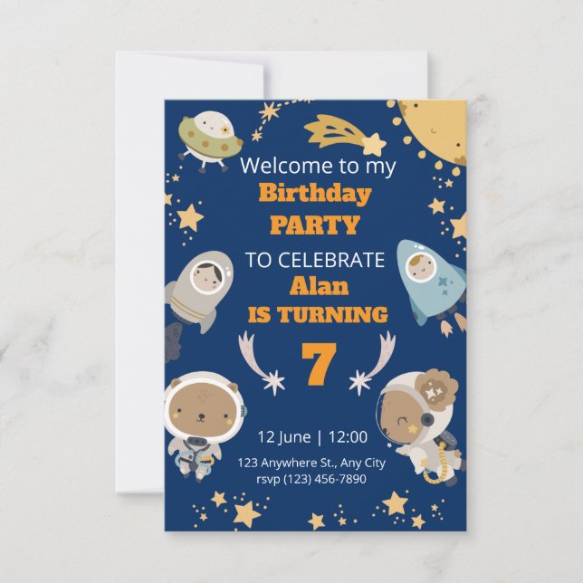 Invitation d'anniversaire mignonne dans l'espace (Devant)