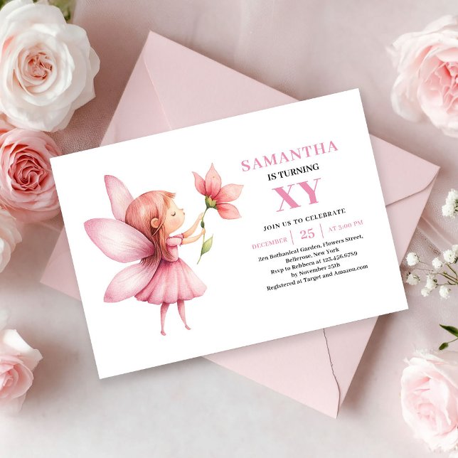 Invitation d'anniversaire mignonne de Fée Rose Mag (Magical Pink Fairy Girl Birthday Cute invitation)