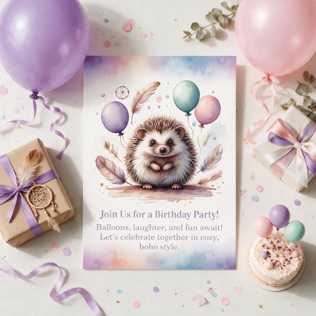 Invitation d'anniversaire mignonne de hérisson – B (Cute Hedgehog Birthday Invitation – Woodland Boho)