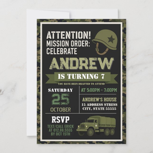 Invitation d'anniversaire militaire camouflage mod (Devant)