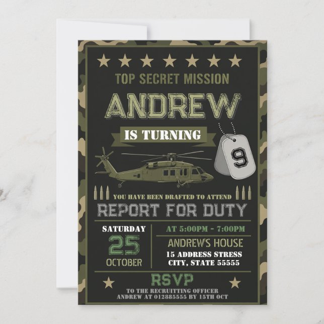 Invitation d'anniversaire militaire moderne person (Devant)