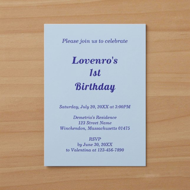 Invitation d'anniversaire minimaliste bleu clair p (Typography style minimalist light blue kids birthday invitation)