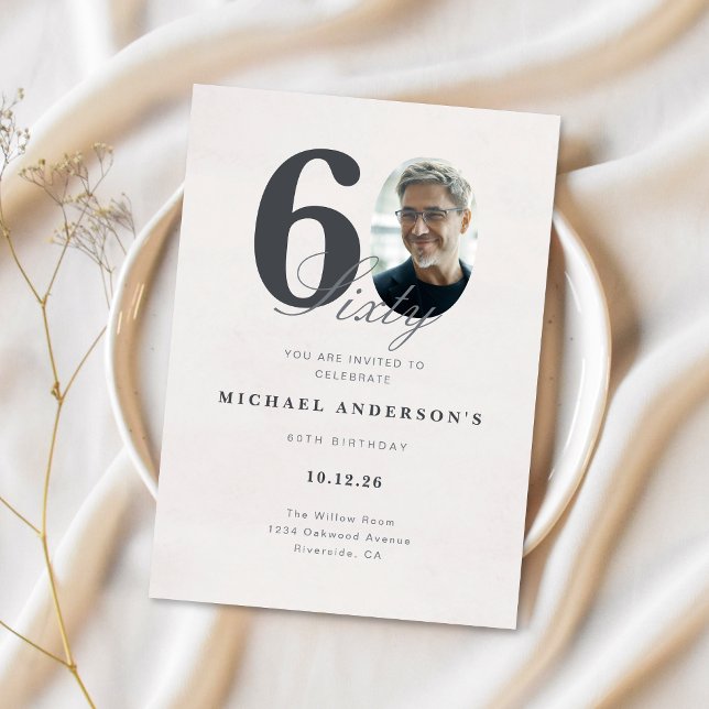 Invitation d'anniversaire minimaliste pour 60 ans (Modern 60th Birthday Card with Photo)