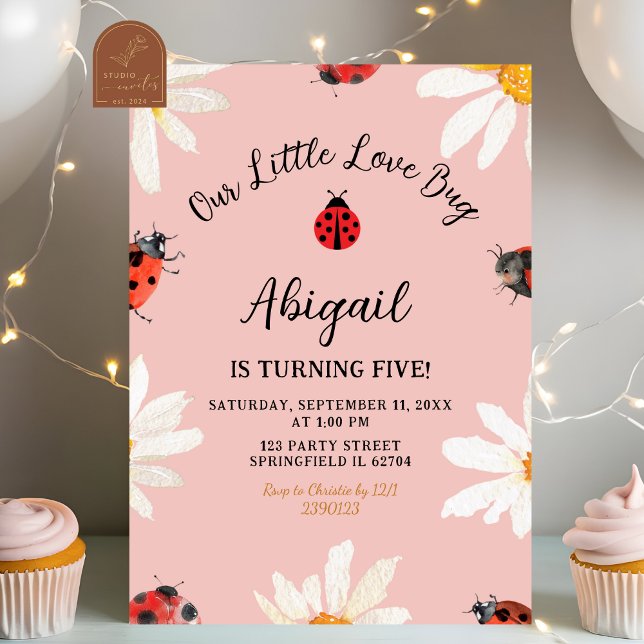 Invitation d'anniversaire minimaliste rose Lovebug (Créateur téléchargé)