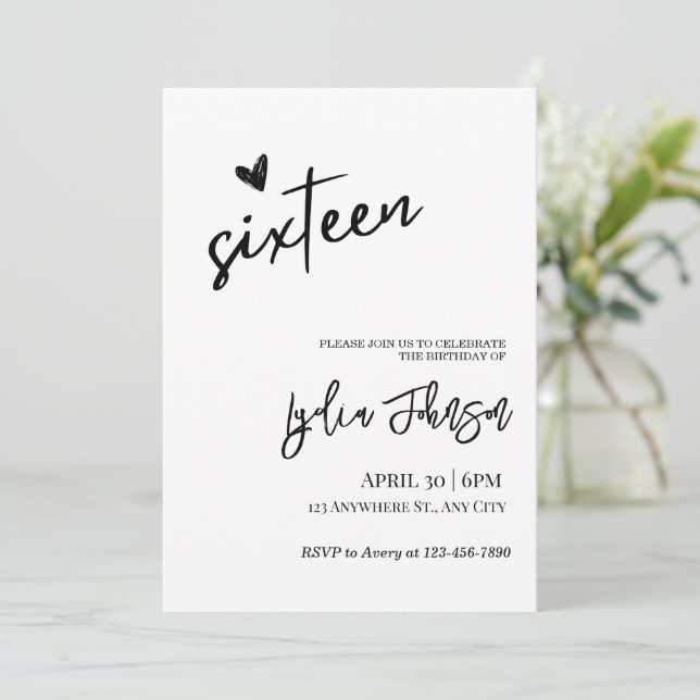 Invitation d'anniversaire Minimaliste Sweet Sixtee (Debout devant)