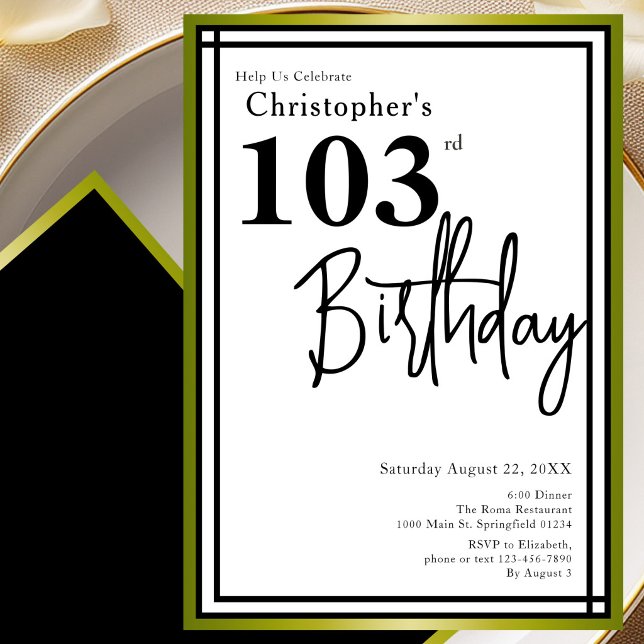 Invitation d'anniversaire moderne 103 ans noir or (Créateur téléchargé)