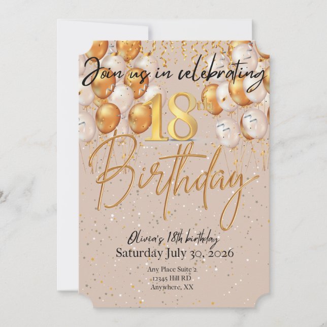 Invitation d'anniversaire moderne en beige et or (Devant)
