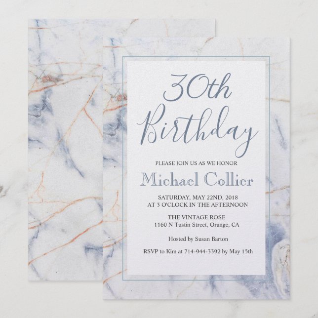 Invitation d'anniversaire moderne en marbre - TOUS (Devant / Derrière)